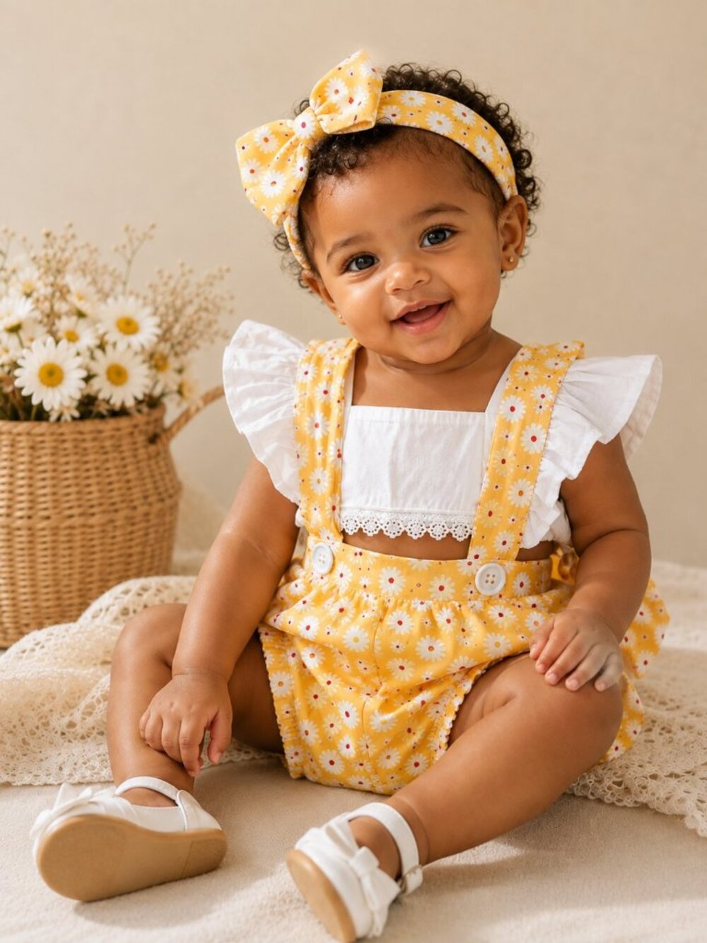 Baby Romper 0-3 Months Yellow Daisy Floral Romper with Headband